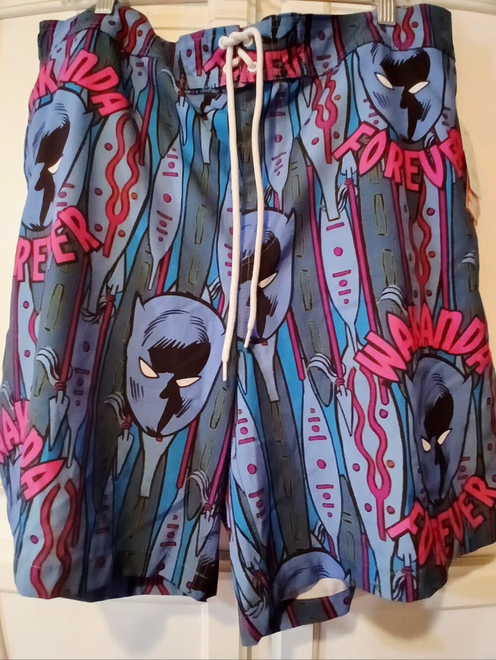 Marvel Black Panther Wakanda Forever men's swim trunks in blue with pockets XL